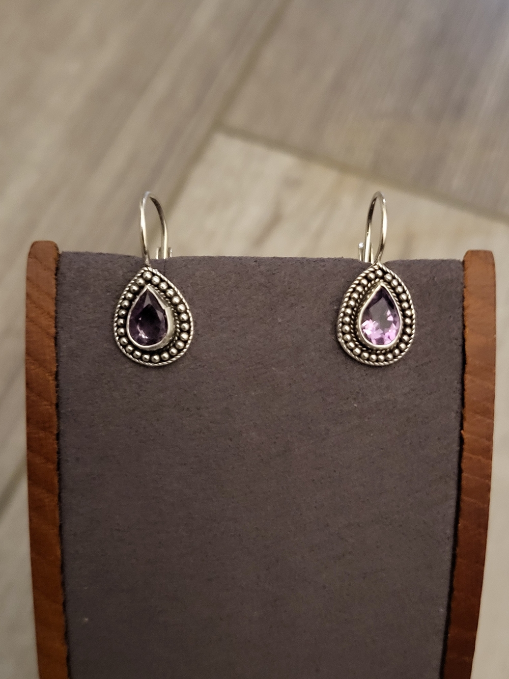Sterling 925 Silver Teardrop Leverback Earrings with Purple Amethyst Gemstones